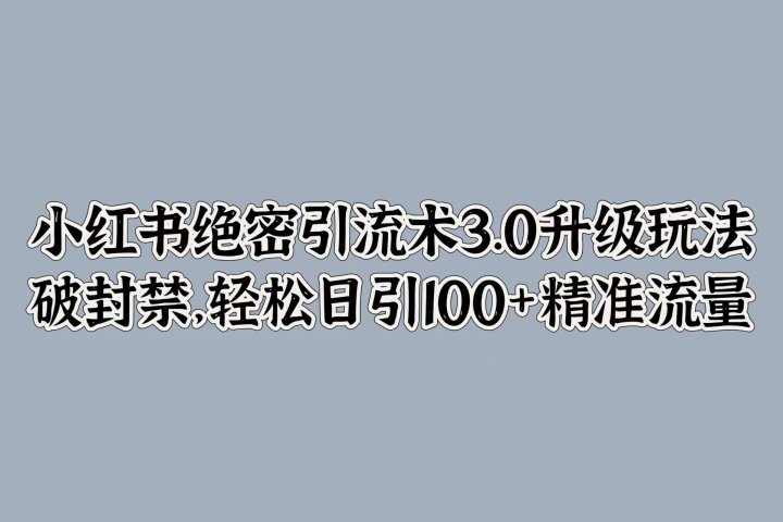 小红书绝密引流术3.0升级玩法，破封禁，轻松日引100+精准流量躺盈网-网创项目资源站-副业项目-创业项目-搞钱项目躺盈网