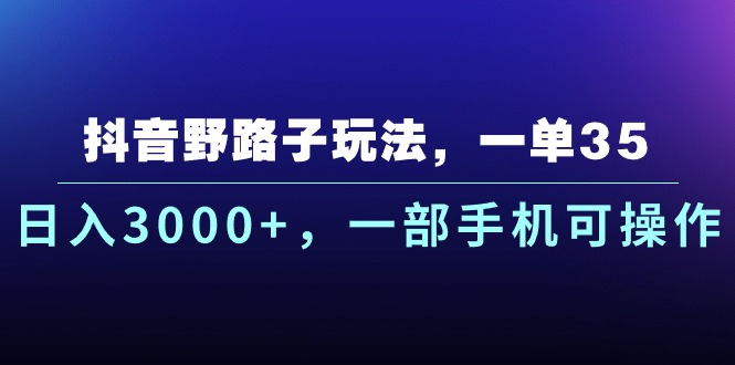 抖音野路子玩法，一单35.日入3000+，-部手机可操作躺盈网-网创项目资源站-副业项目-创业项目-搞钱项目躺盈网