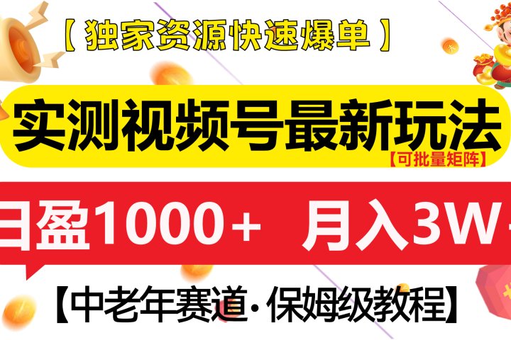 实测视频号最新玩法 中老年赛道独家资源快速爆单 可批量矩阵 日盈1000+ 月入3W+ 附保姆级教程躺盈网-网创项目资源站-副业项目-创业项目-搞钱项目躺盈网