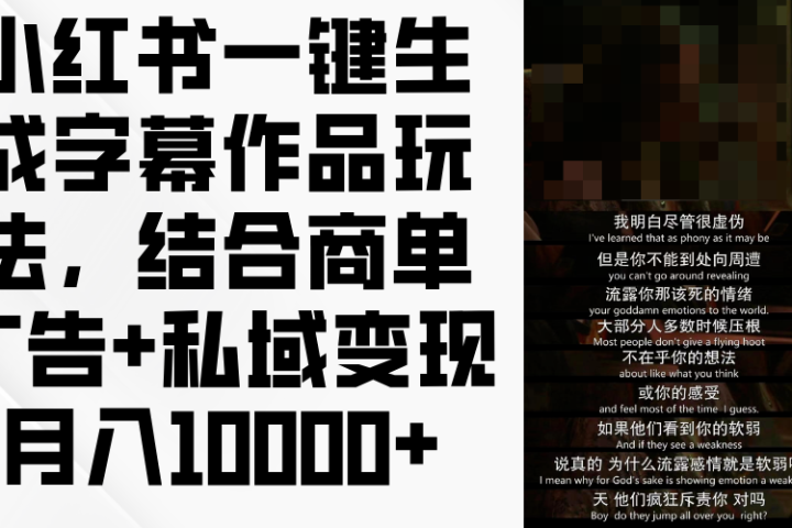 小红书一键生成字幕作品玩法,结合商单广告+私域变现月入10000+躺盈网-网创项目资源站-副业项目-创业项目-搞钱项目躺盈网