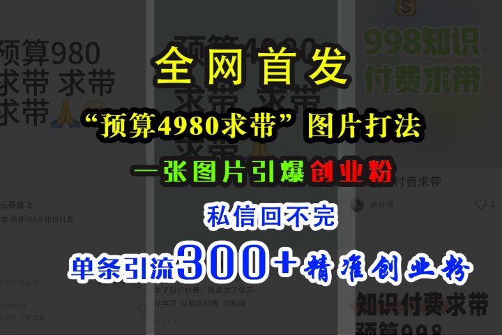 小红书“预算4980带我飞”图片打法,一张图片引爆创业粉,私信回不完,单条引流300+精准创业粉躺盈网-网创项目资源站-副业项目-创业项目-搞钱项目躺盈网
