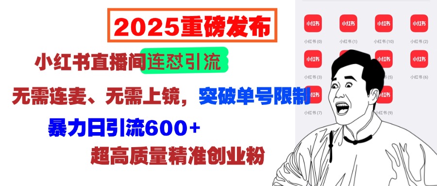 2025重磅发布:小红书直播间连怼引流,无需连麦、无需上镜,突破单号限制,暴力日引流600+超高质量精准创业粉躺盈网-网创项目资源站-副业项目-创业项目-搞钱项目躺盈网