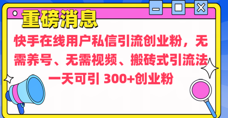 通过给快手在线用户私信引流创业粉,无需养号、无需视频、搬砖式引流法,一天可引300+创业粉躺盈网-网创项目资源站-副业项目-创业项目-搞钱项目躺盈网