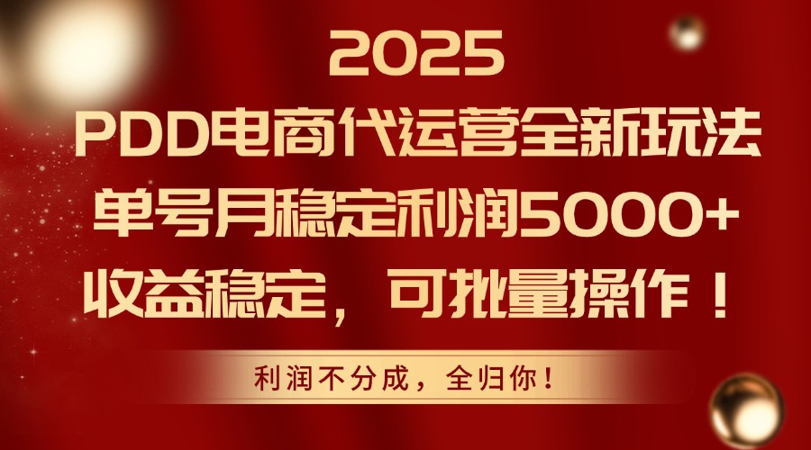 2025 PDD电商代运营全新玩法,单号月稳定利润5000+,收益稳定,可批量操作!躺盈网-网创项目资源站-副业项目-创业项目-搞钱项目躺盈网