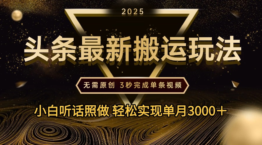 2025年今日头条最新搬运玩法，无需原创3秒完成视频轻松实现单月3000＋躺盈网-网创项目资源站-副业项目-创业项目-搞钱项目躺盈网