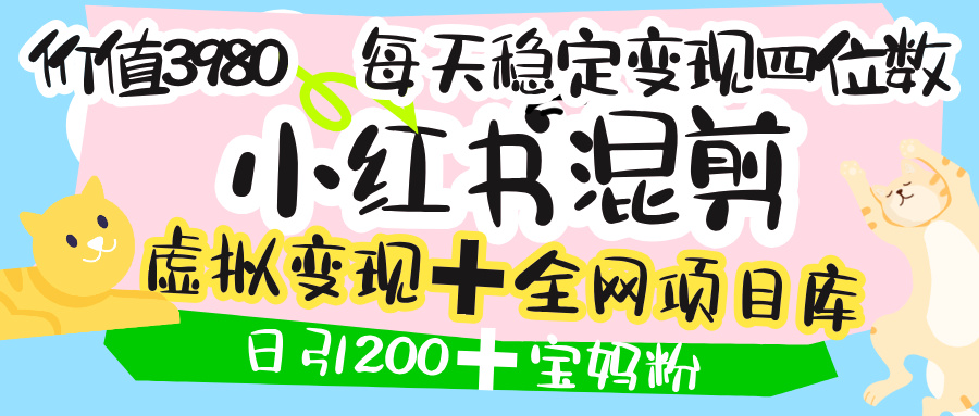 价值3980的小红书混剪, 虚拟变现 +全网项目库 , 日引200+宝妈创业粉,每天稳定四位数变现躺盈网-网创项目资源站-副业项目-创业项目-搞钱项目躺盈网