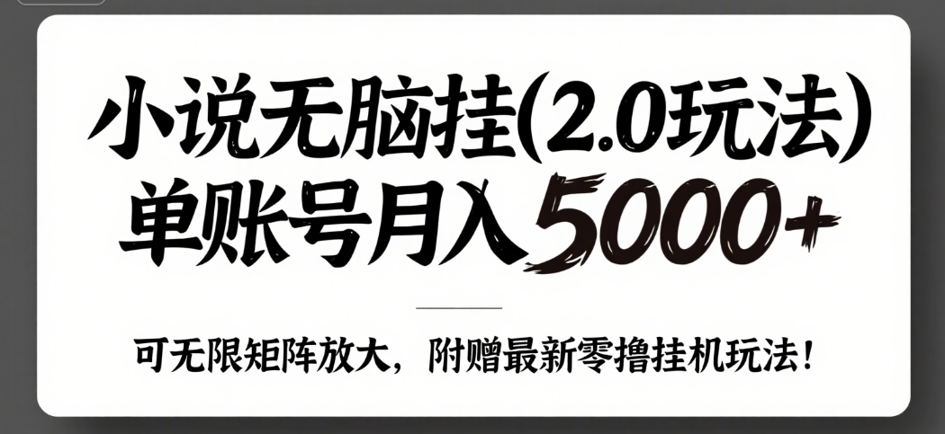 小说无脑挂(2.0玩法）单账号月入5000+，，可无限矩阵放大，附赠微信最新零撸挂机玩法！躺盈网-网创项目资源站-副业项目-创业项目-搞钱项目躺盈网